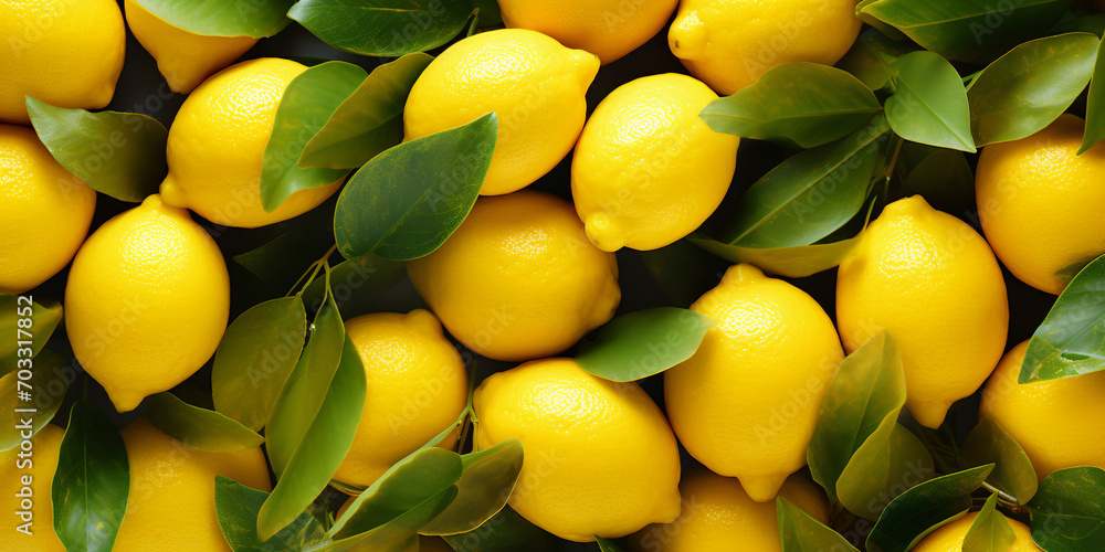 Many fresh lemon fruits with leaves