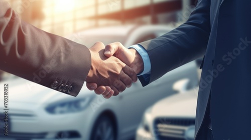 male handshake on the background of a car dealership. good deal on buying a car