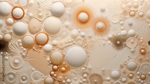  a close up of an abstract painting with circles and bubbles on a white, beige, orange, and black background. © Anna