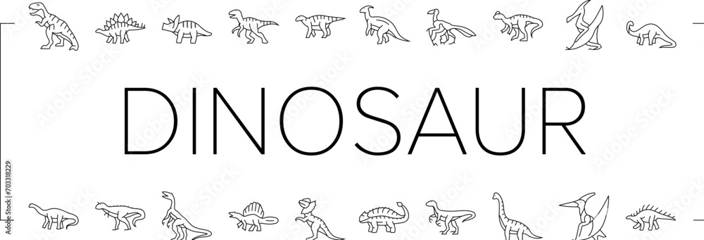 dinosaur dino animal cute icons set vector. jurassic rex, tyrannosaurus monster, funny prehistoric triceratops, nature fossil, forest dragon dinosaur dino animal cute black line illustrations