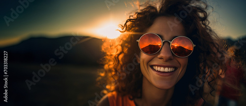 portrait of a laughing young Caucasian woman in fashionable round mirror sunglasses with curly hair, copy space, girl stands with her back to the sun, Generated AI