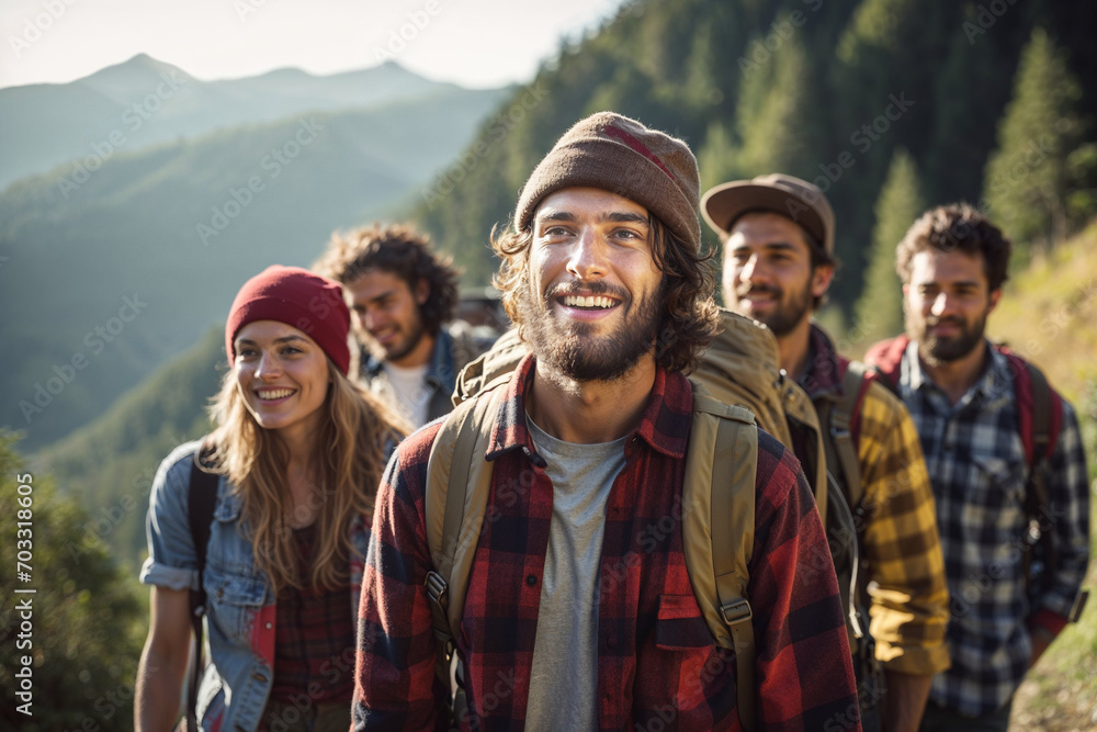 A group of young beautiful people hiking together in the mountains in nature wearing checked shirts, backpacks and hats. An handsome man in the foreground. Doing sports for a healthy lifestyle.
