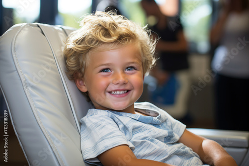 happy little child kid Caucasian cute boy smiles in a chair in the dentist office to the dental clinic for a hygienic procedure