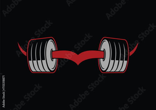 Barbell hanging on Strong bull horn gym  logo for T-shirts