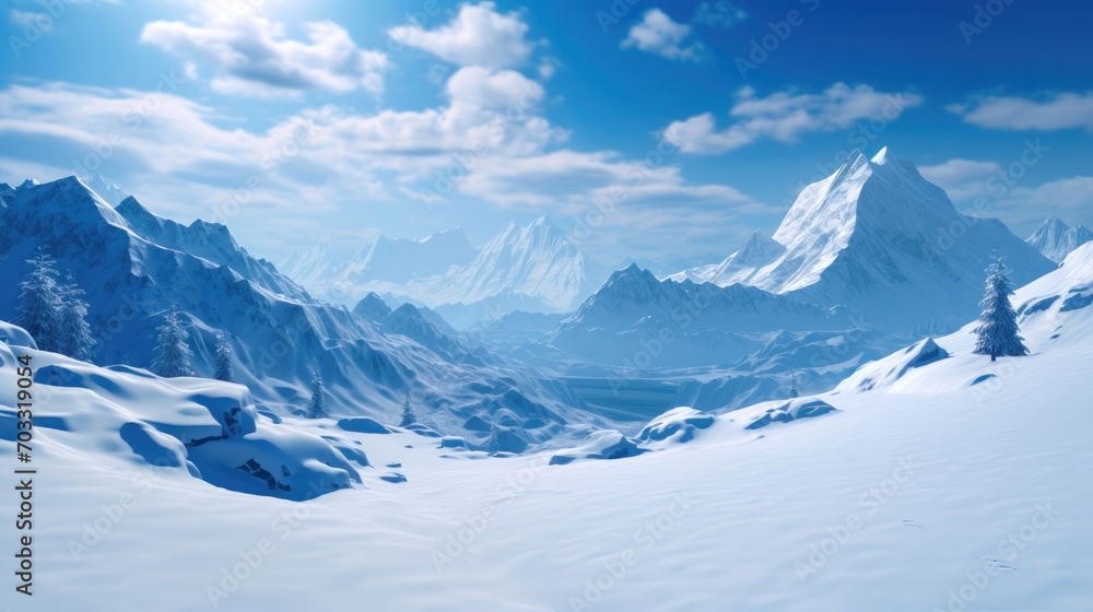 Snowy Mountain Landscape: Falling Snowflakes and Majestic Winter