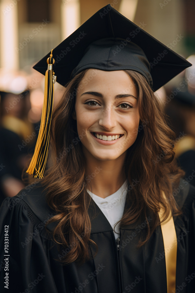 Portrait of a female college graduate student on graduation day, wearing the traditional cap and gown Portrait of a female college graduate student on graduation day, wearing the traditional cap and gown