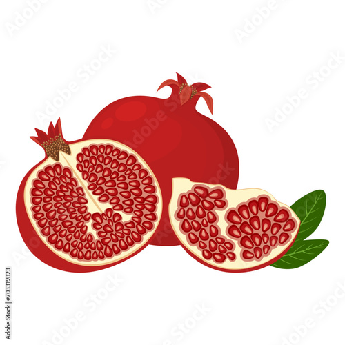 Pomegranate isolated on a white background. Tasty ripe pomegranate whole and pieces. Flat style, cartoon design