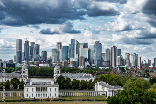 Skyline With Modern Business Buildings And Royal Naval College From The Greenwich Observatory Hill In London, United Kingdom