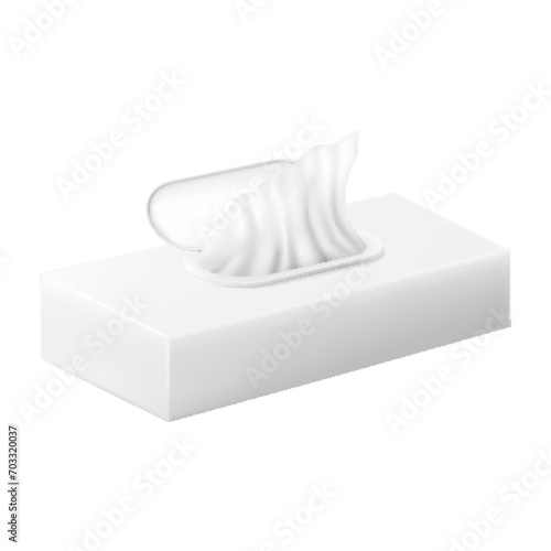Napkin boxes. Set of White Tissue napkin box blank label and no text for mock up packaging isolated on white. Paper towel and antibacterial wet wipes disposable sachet, realistic 3d vector