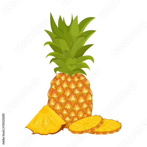 Ripe pineapple juicy fruit isolated on white background. Whole and sliced pineapple, flat style, cartoon design