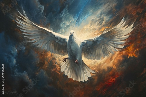 Pentecost background with flying dove and fire. 