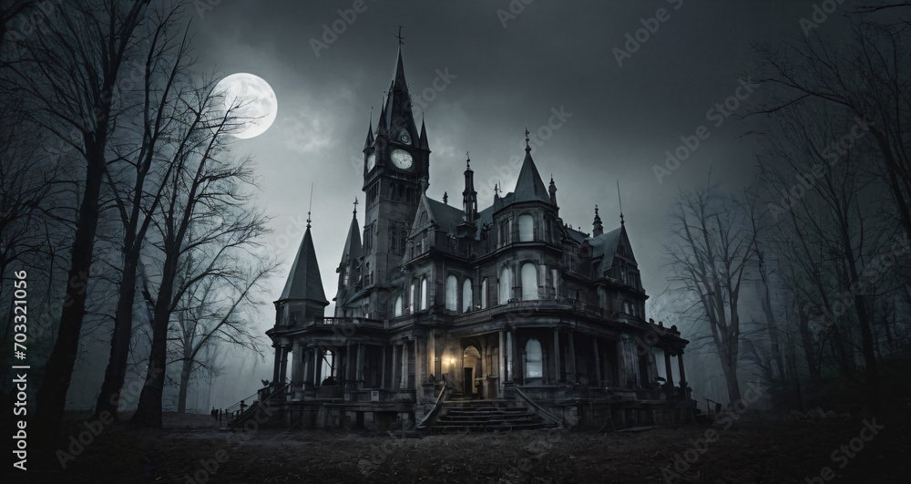 church in the night,Gothic mansion, A dark and gloomy gothic style mansion or church under a starry sky. The mansion has many spires,Generative AI - obrazy, fototapety, plakaty 