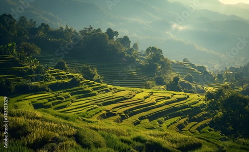 mountains with a view of some rice terraces on it,
