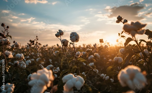 there are some small white flowers in the field at sunset