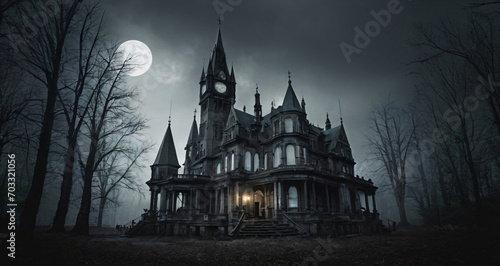 church in the night,Gothic mansion, A dark and gloomy gothic style mansion or church under a starry sky. The mansion has many spires,Generative AI photo