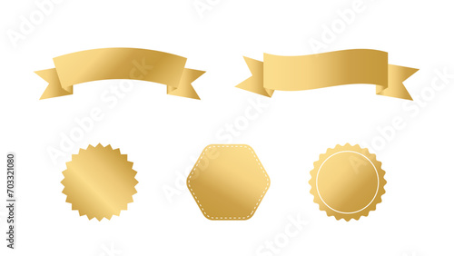 Set of gold starburst and ribbon. Gold blank stickers. Sunburst badges, labels. Vector illustration