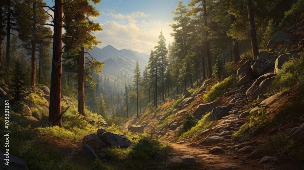 Obraz premium A Majestic Forest Landscape with Serene Rocks and Towering Trees