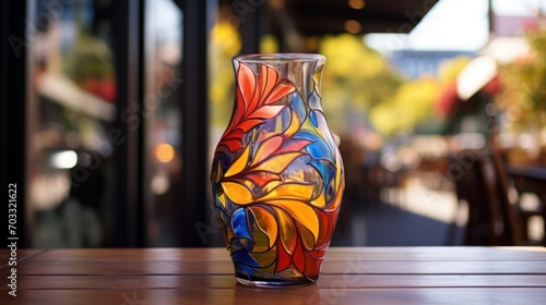  a colorful vase sitting on top of a wooden table in front of a glass window with a view of a restaurant.