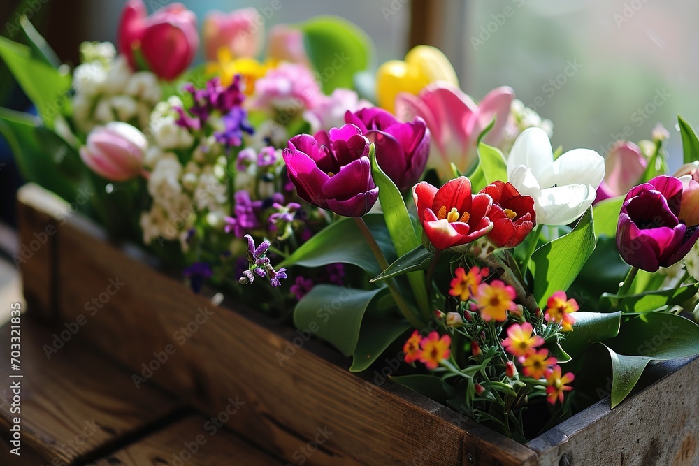 Naklejka premium Spring flower box with colorful flowers.