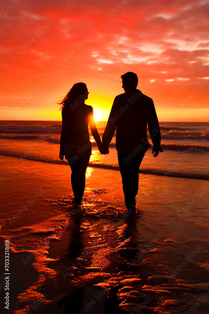 Silhouette of a romantic couple in love, a man and a woman, walk holding hands on the beach, along the ocean, sea during a beautiful orange sunset for two. Romantic atmosphere in the tropics