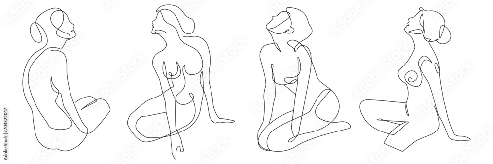 Trendy Line Art Woman Body Set Minimalistic Black Lines Drawing. Female Figure Continuous One Line Abstract Drawing. Modern Scandinavian Design. Naked Body Art. Vector Illustration.