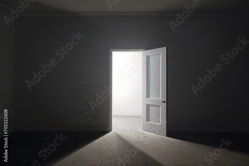 Open door leading to bright light in darkened room
