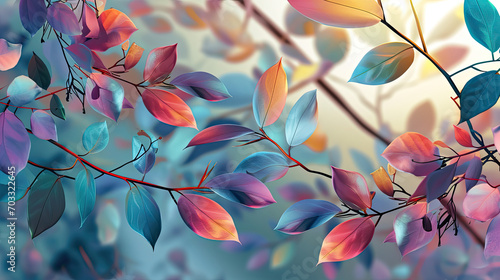 Elegant colorful with vibrant leaves hanging branches illustration background. Bright color 3d abstraction wallpaper for interior mural, Generated by AI photo
