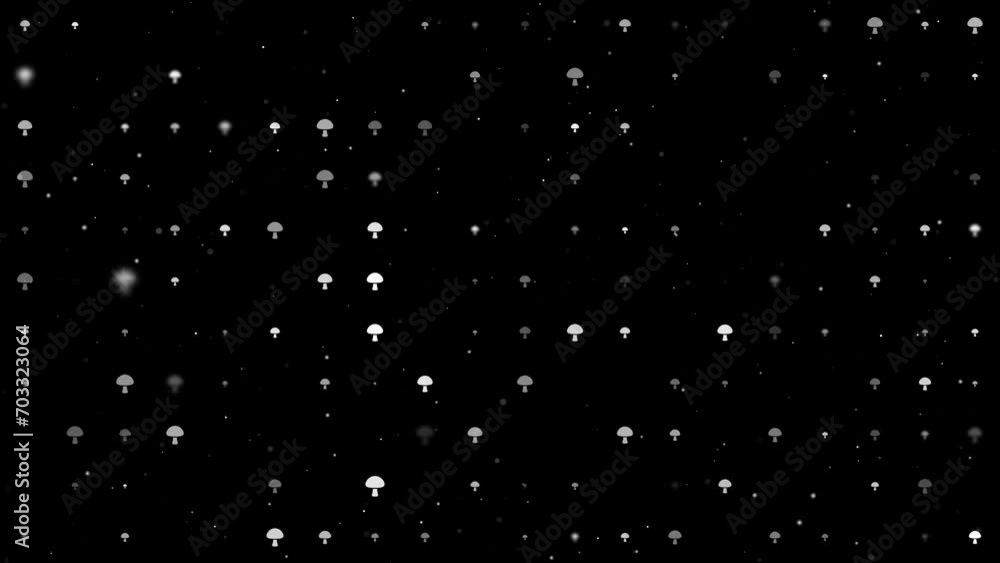 Template animation of evenly spaced mushroom symbols of different sizes and opacity. Animation of transparency and size. Seamless looped 4k animation on black background with stars Template animation of evenly spaced mushroom symbols of different sizes and opacity. Animation of transparency and size. Seamless looped 4k animation on black background with stars