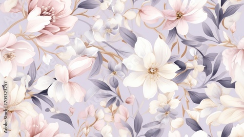  a floral wallpaper with pink, white, and blue flowers on a light purple background with leaves and stems.