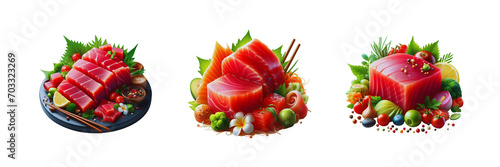 Collection Set of Tuna sashimi, isolated over on transparent white background