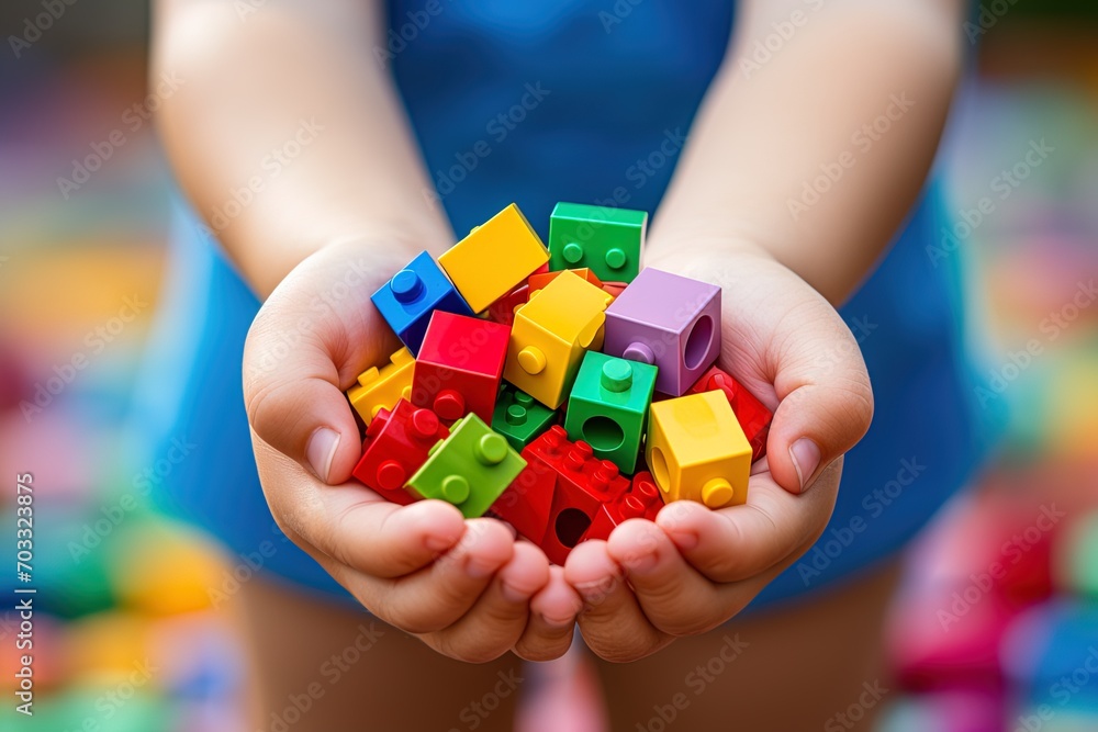 Image of a child's hands holding colorful plastic construction blocks