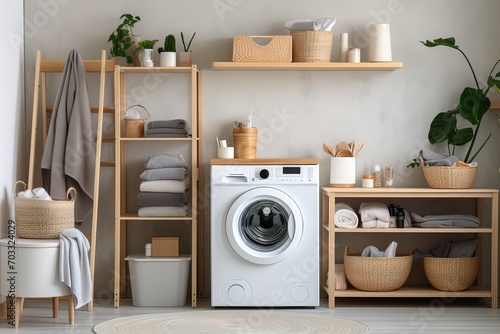 Modern interior of a laundry room with wooden rack in grey pastel colors