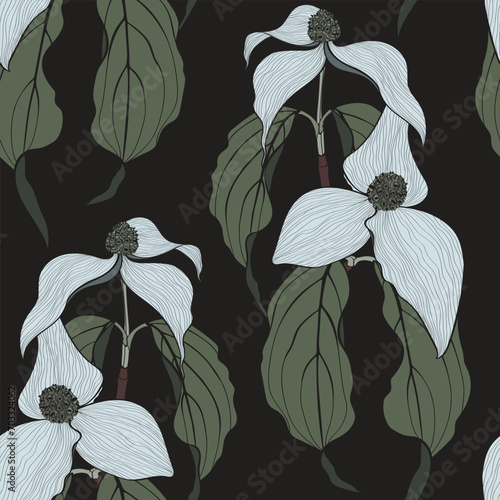 Dogwood seamless pattern. Hand drawn vector pattern with dogwood blossom motif. Botanical Hand Drawn Texture. 
