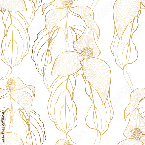 Dogwood seamless pattern with golden line. Hand drawn vector pattern with dogwood blossom motif. Botanical Hand Drawn Texture.  photo