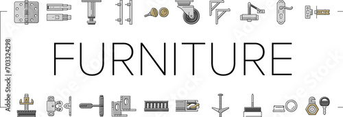 hardware furniture equipment icons set vector. metal construction, steel element, silver tool, screw bolt, wood home, house repair hardware furniture equipment color line illustrations