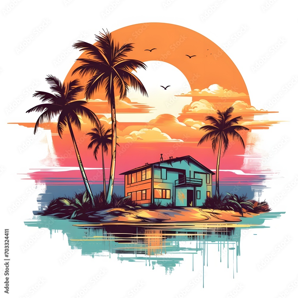 Vector Artwork for T-shirt: Home with Coconut Tree