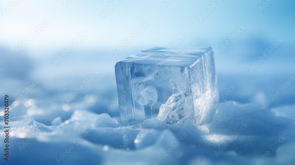 a block of ice sitting on top of a pile of ice cubes on top of a pile of snow. a block of ice sitting on top of a pile of ice cubes on top of a pile of snow.