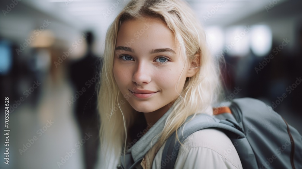 Young student woman wearing a backpack looking at the camera, modern urban, travel concept.