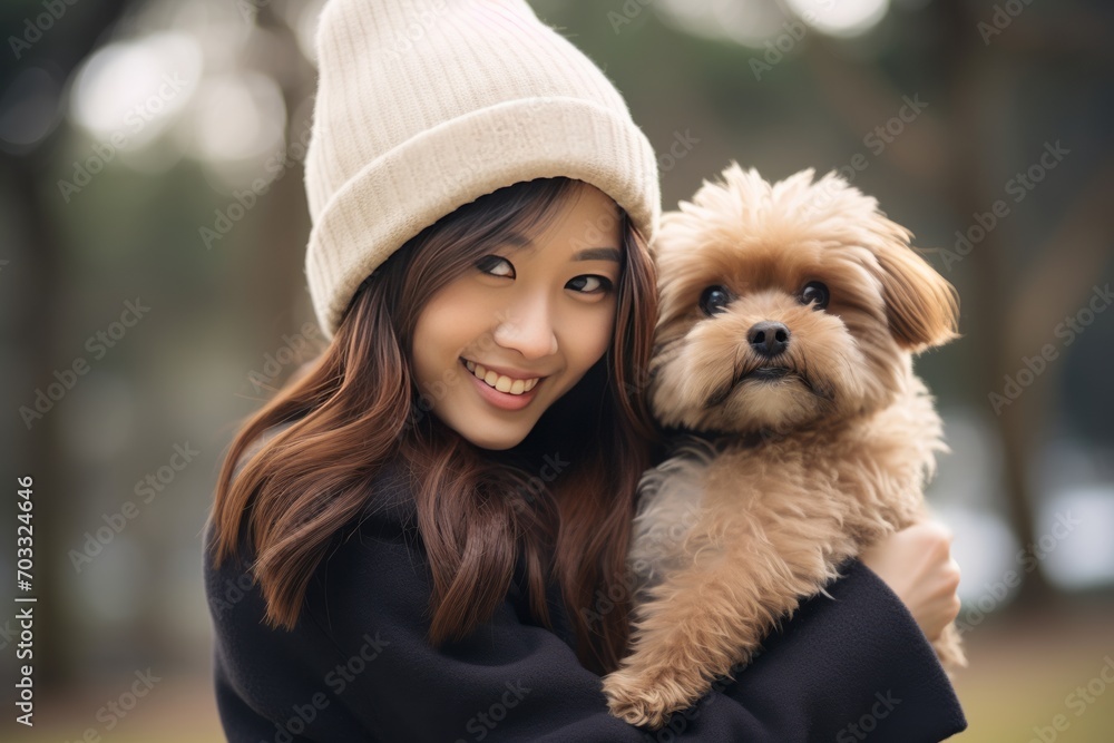 Asian girl, woman holding her dog in the park. On the street. Hugs with your little dog in the great outdoors