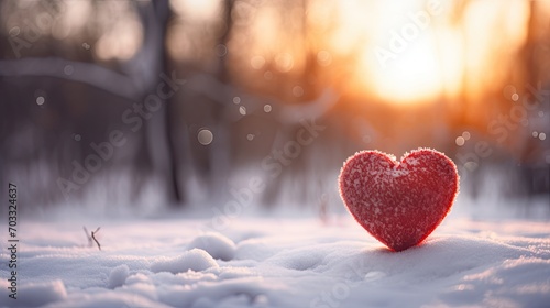 Red Heart in Snow Against Sunset, Symbolizing Winter Love photo