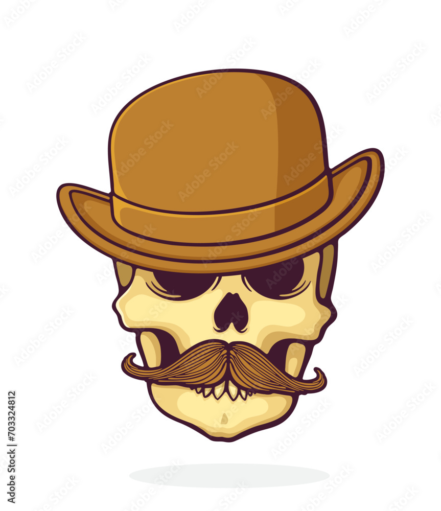 Skull of a gentleman with a mustache in bowler hat. Vector illustration. Hand drawn cartoon clip art with outline. Isolated on white background