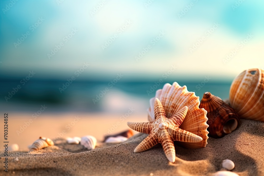 Starfish and seashells on the shore on clean sand on a blurred blue sea background - obrazy, fototapety, plakaty 