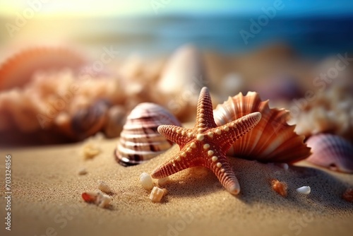 Starfish and seashells on the shore on clean sand on a blurred background photo