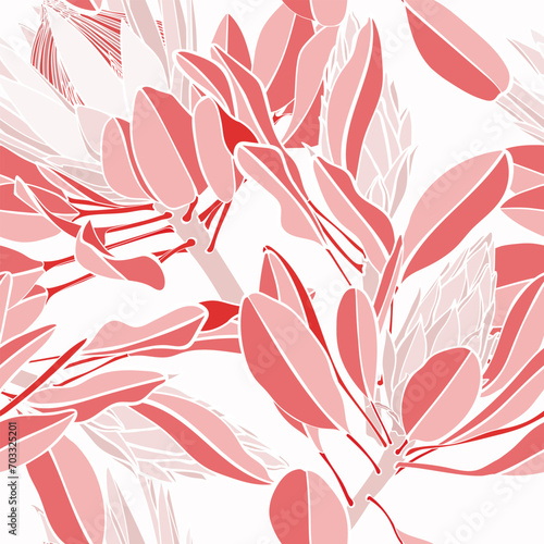 Vintage red african seamless pattern. Tropical flowers background. Banksia, protea line illustration.