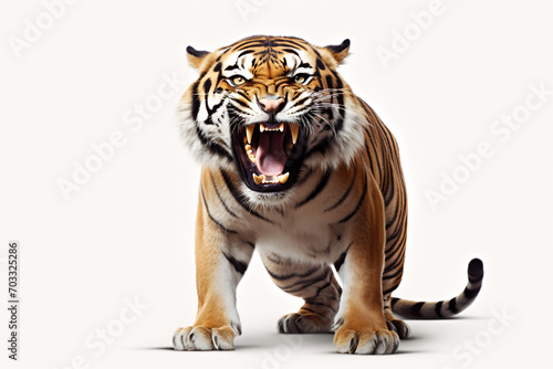 Snarling tiger on white background showing teeth