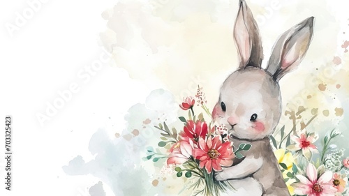 a cute bunny holding a bouquet of flowers, watercolor