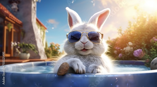 Adorable white rabbit lounging in sunglasses  relaxing in a hot tub oasis
