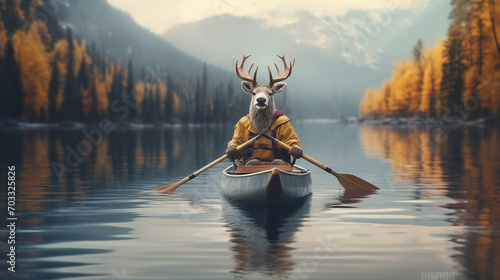 Photograph of a reindeer paddling  canoe in a lake amidst nature. © jkjeffrey
