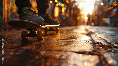 Photograph of boy playing on a skateboard.