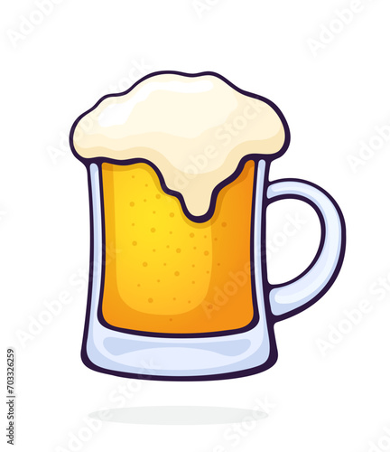 A mug of beer with foam. Glass of alcohol drink. Vector illustration. Hand drawn cartoon clip art with outline. Isolated on white background
